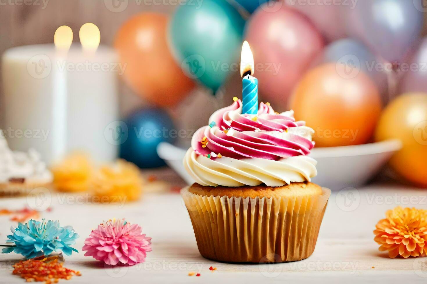 un' Cupcake con un' candela su superiore e colorato palloncini. ai-generato foto