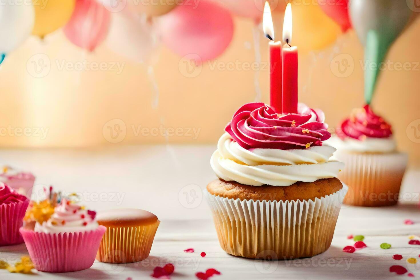 un' Cupcake con un' candela su superiore e palloncini. ai-generato foto