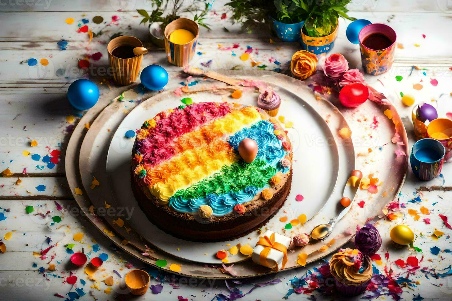 un' colorato torta su un' piatto con coriandoli. ai-generato foto