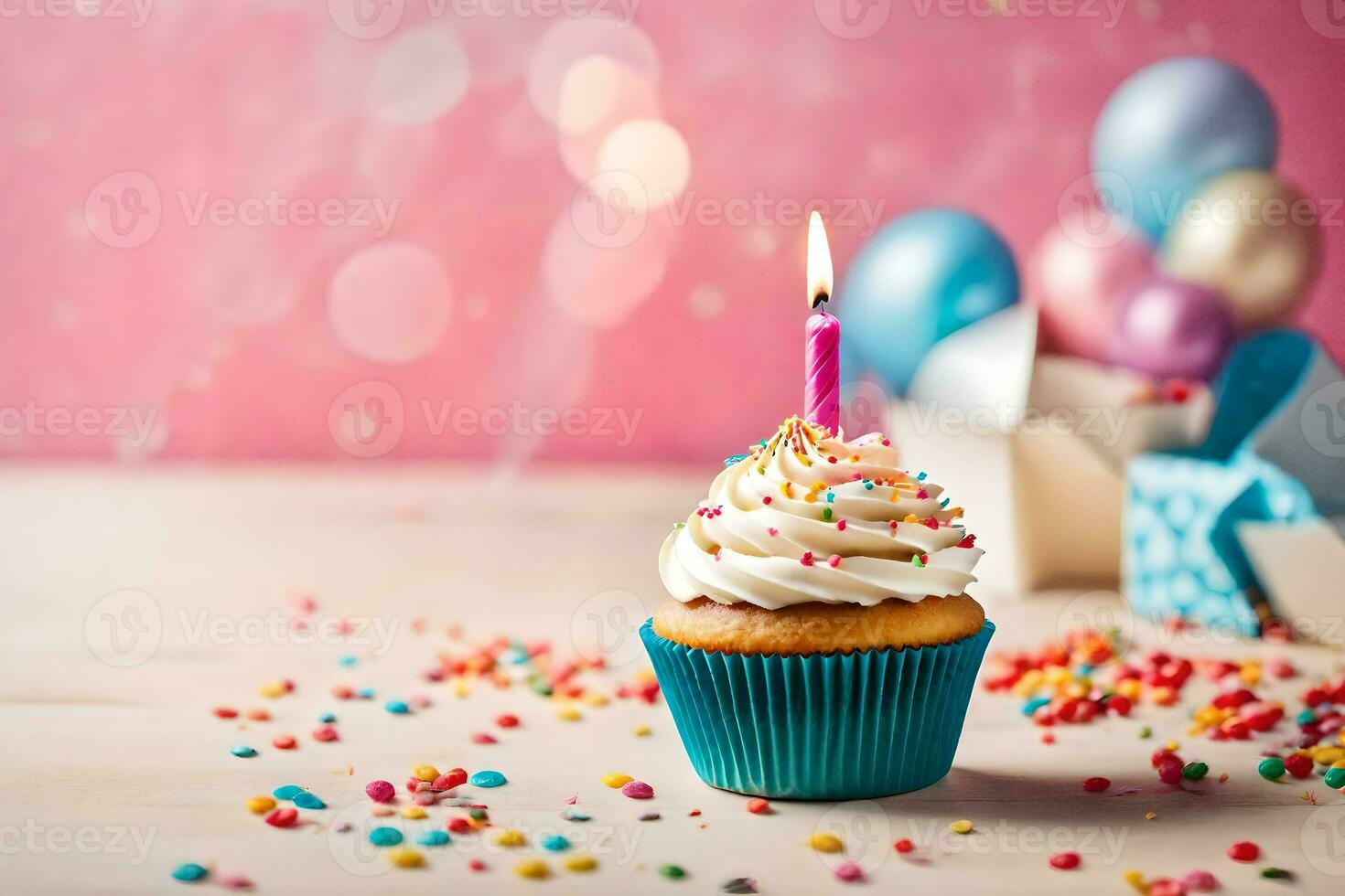 un' compleanno Cupcake con un' singolo candela su un' di legno tavolo. ai-generato foto