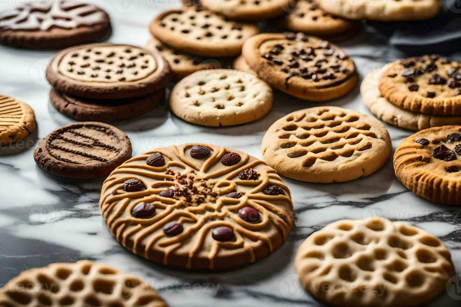 un' varietà di biscotti siamo disposte su un' marmo contatore. ai-generato foto