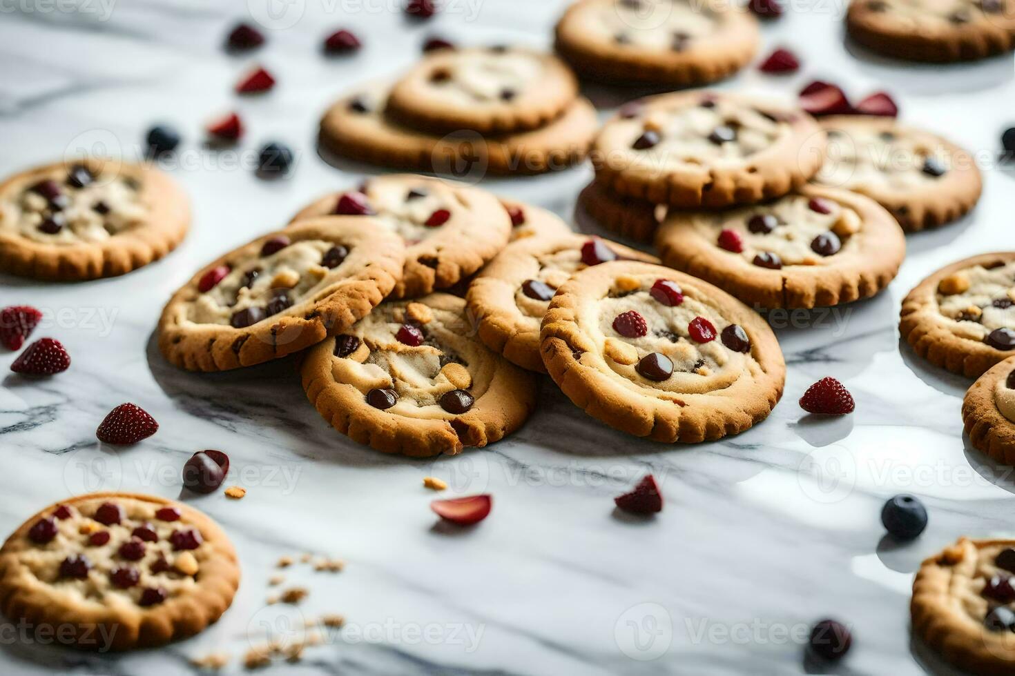 un' mazzo di biscotti con mirtilli su un' marmo contatore. ai-generato foto