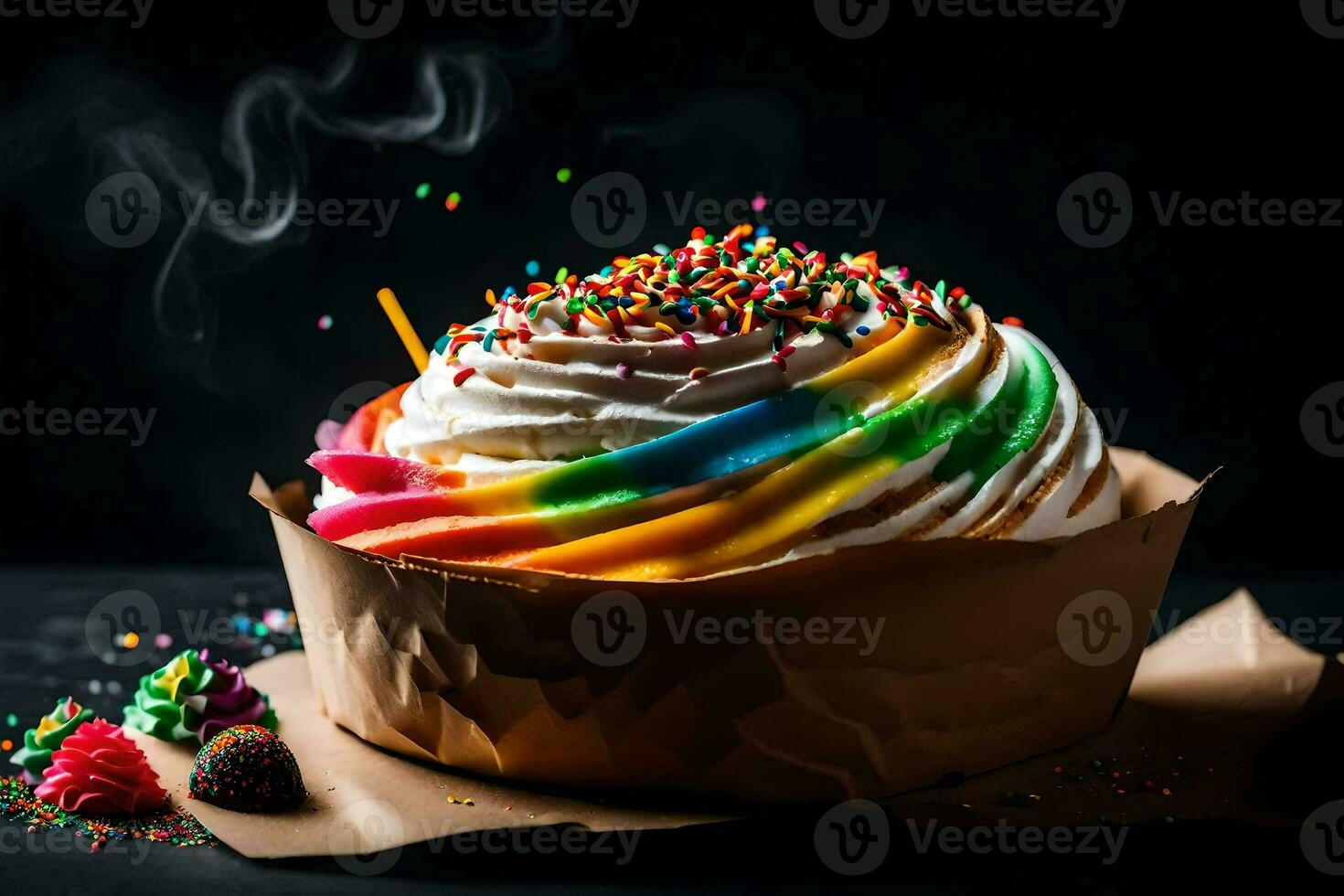 un' arcobaleno Cupcake con spruzzatori e Fumo. ai-generato foto