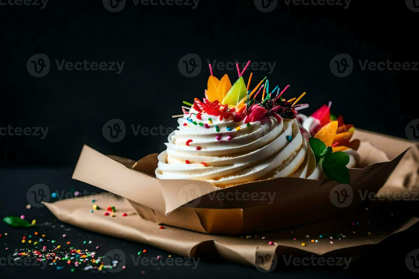 un' Cupcake con bianca glassa e spruzzatori su un' nero sfondo. ai-generato foto