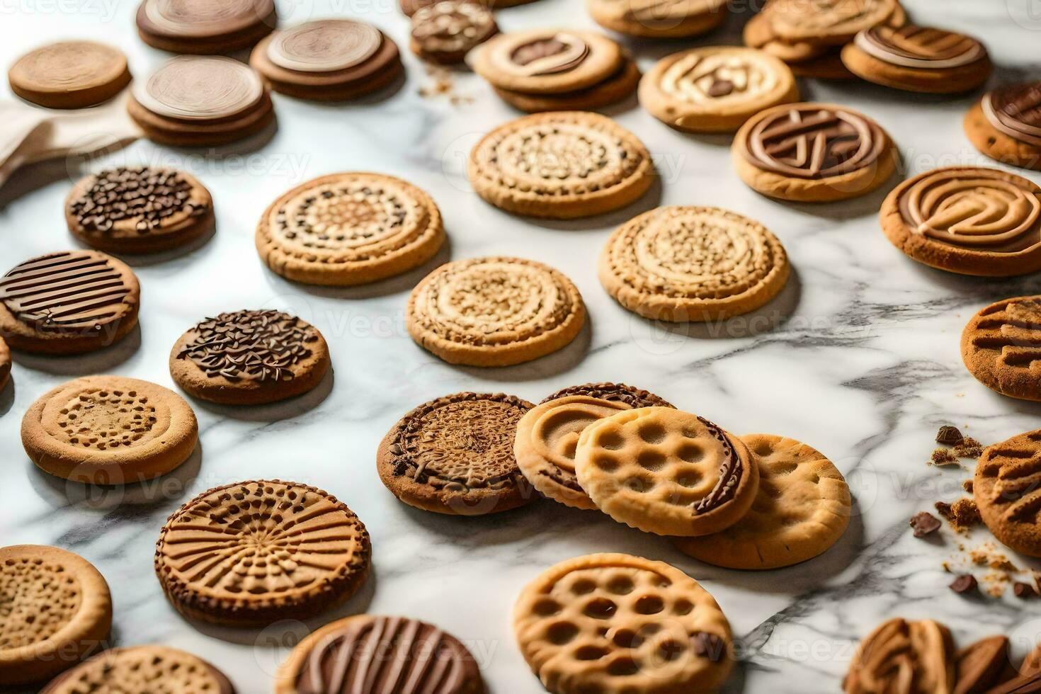 un' varietà di biscotti siamo disposte su un' marmo superficie. ai-generato foto