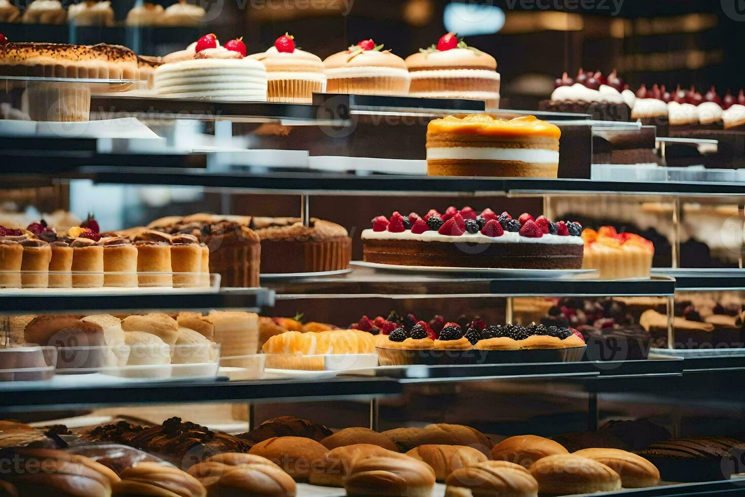 molti diverso tipi di torte siamo su Schermo nel un' forno. ai-generato foto