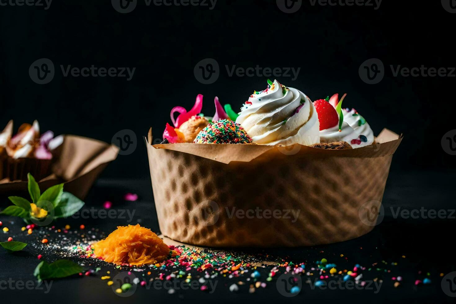 ghiaccio crema nel un' carta tazza su un' nero sfondo. ai-generato foto