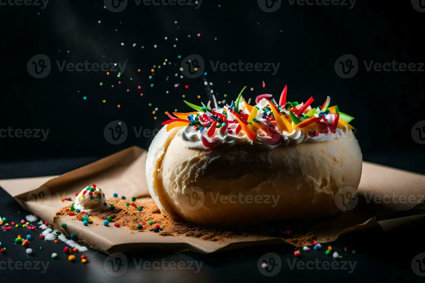 un' torta con spruzzatori e glassa su superiore. ai-generato foto