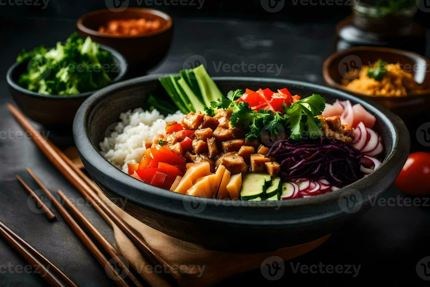 un' ciotola di asiatico cibo con bastoncini e verdure. ai-generato foto