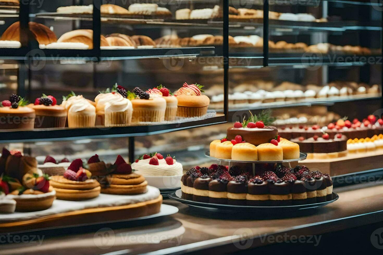 molti diverso tipi di torte siamo su Schermo nel un' forno. ai-generato foto