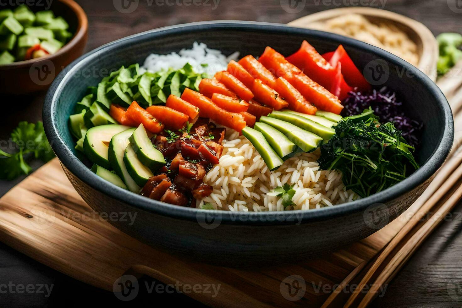 un' ciotola di Riso, verdure e carne con bacchette. ai-generato foto