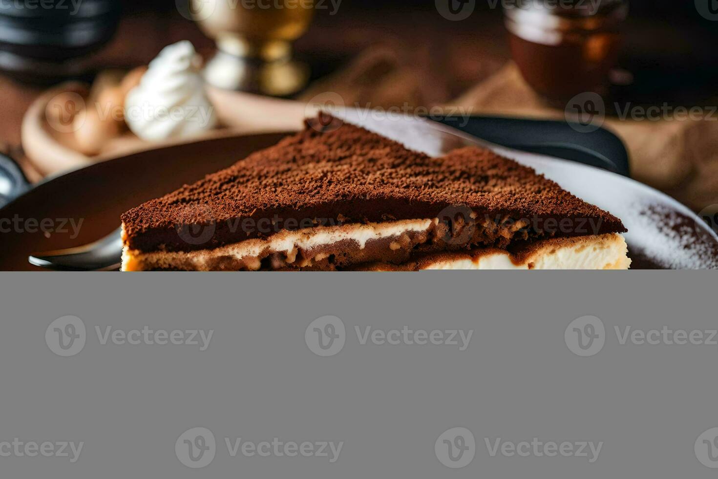 un' fetta di cioccolato torta su un' piatto. ai-generato foto