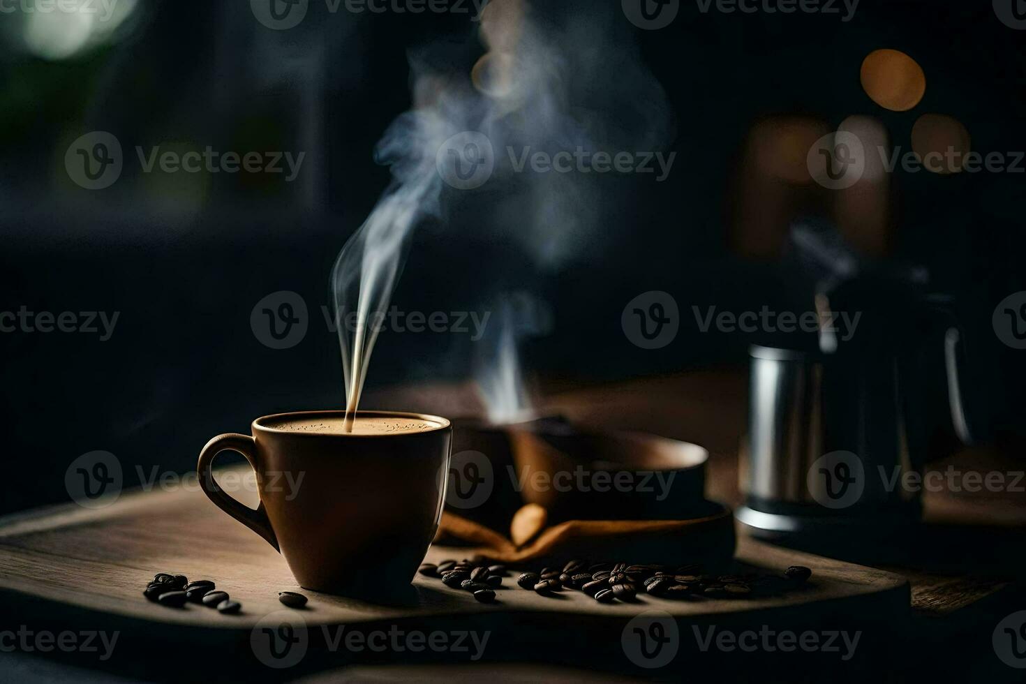 un' tazza di caffè su un' di legno tavolo. ai-generato foto