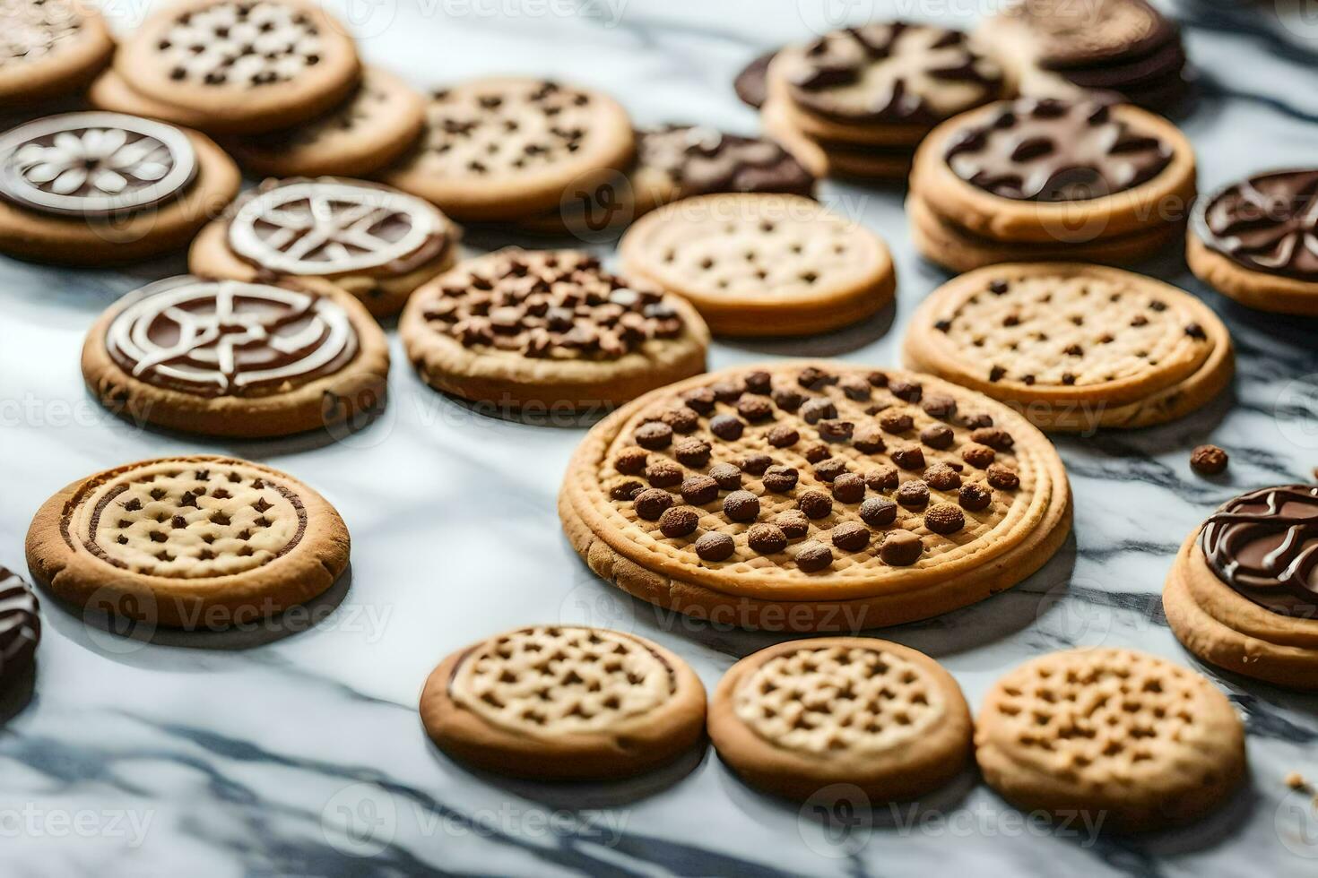 un' varietà di biscotti siamo disposte su un' marmo superficie. ai-generato foto