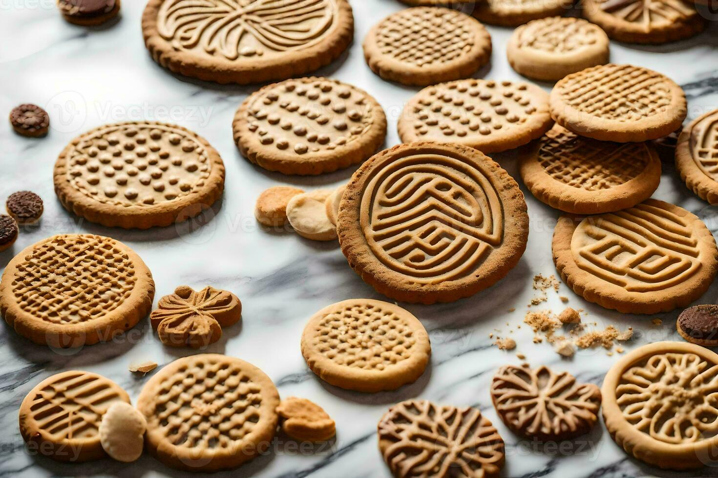 un' varietà di biscotti siamo disposte su un' marmo superficie. ai-generato foto