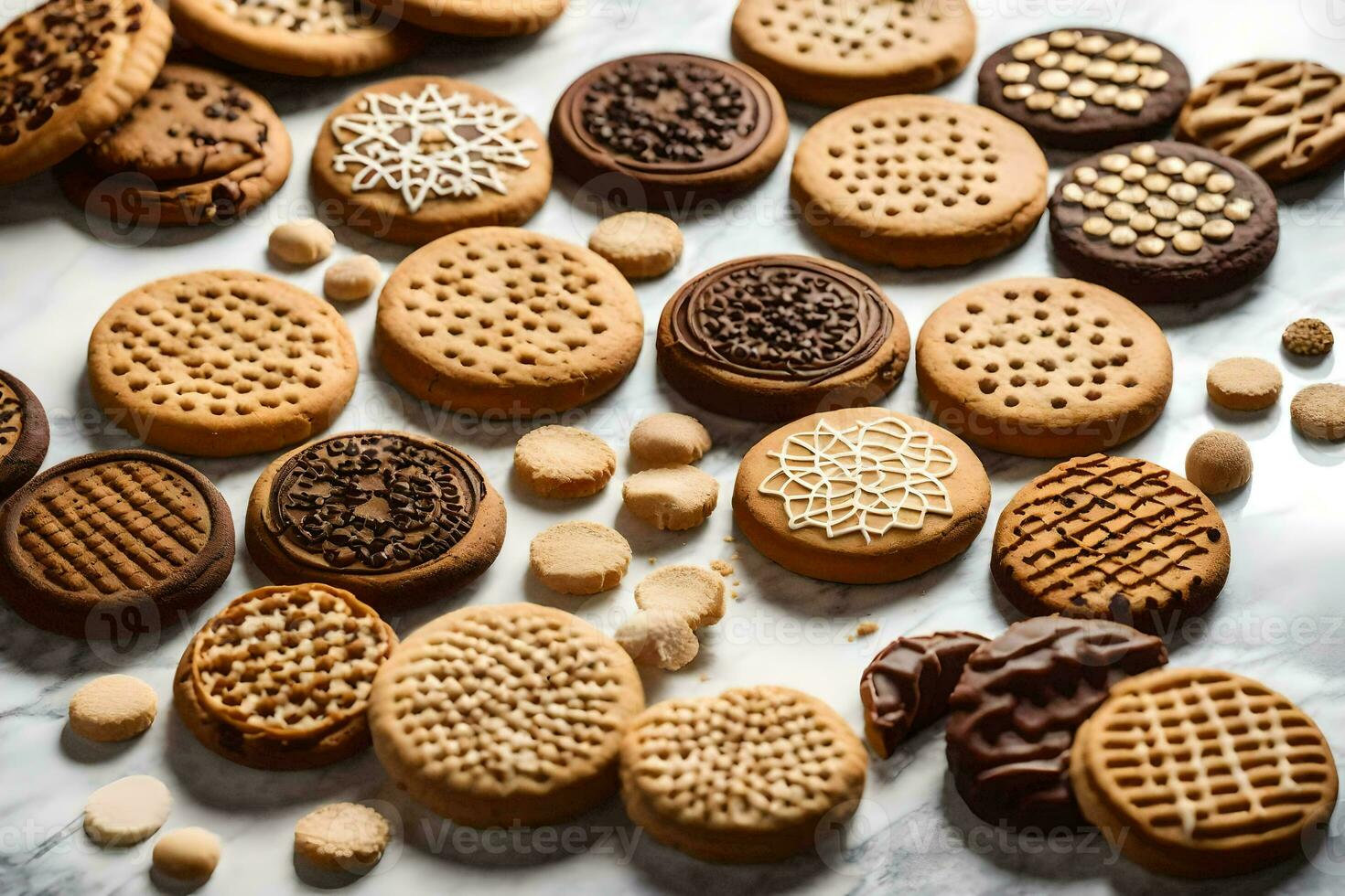 un' varietà di biscotti e biscotti su un' marmo superficie. ai-generato foto