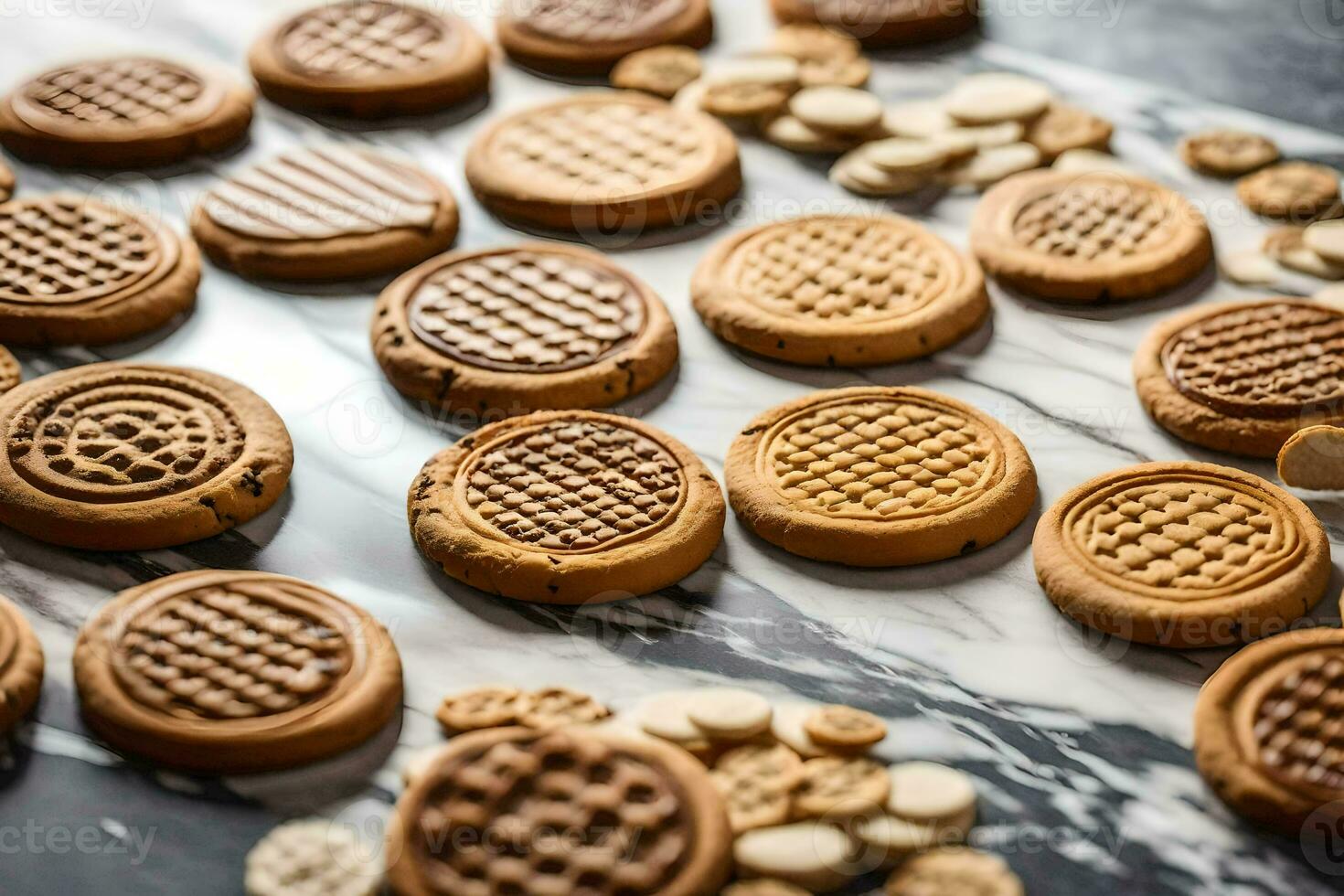 un' vicino su di biscotti su un' marmo contatore. ai-generato foto