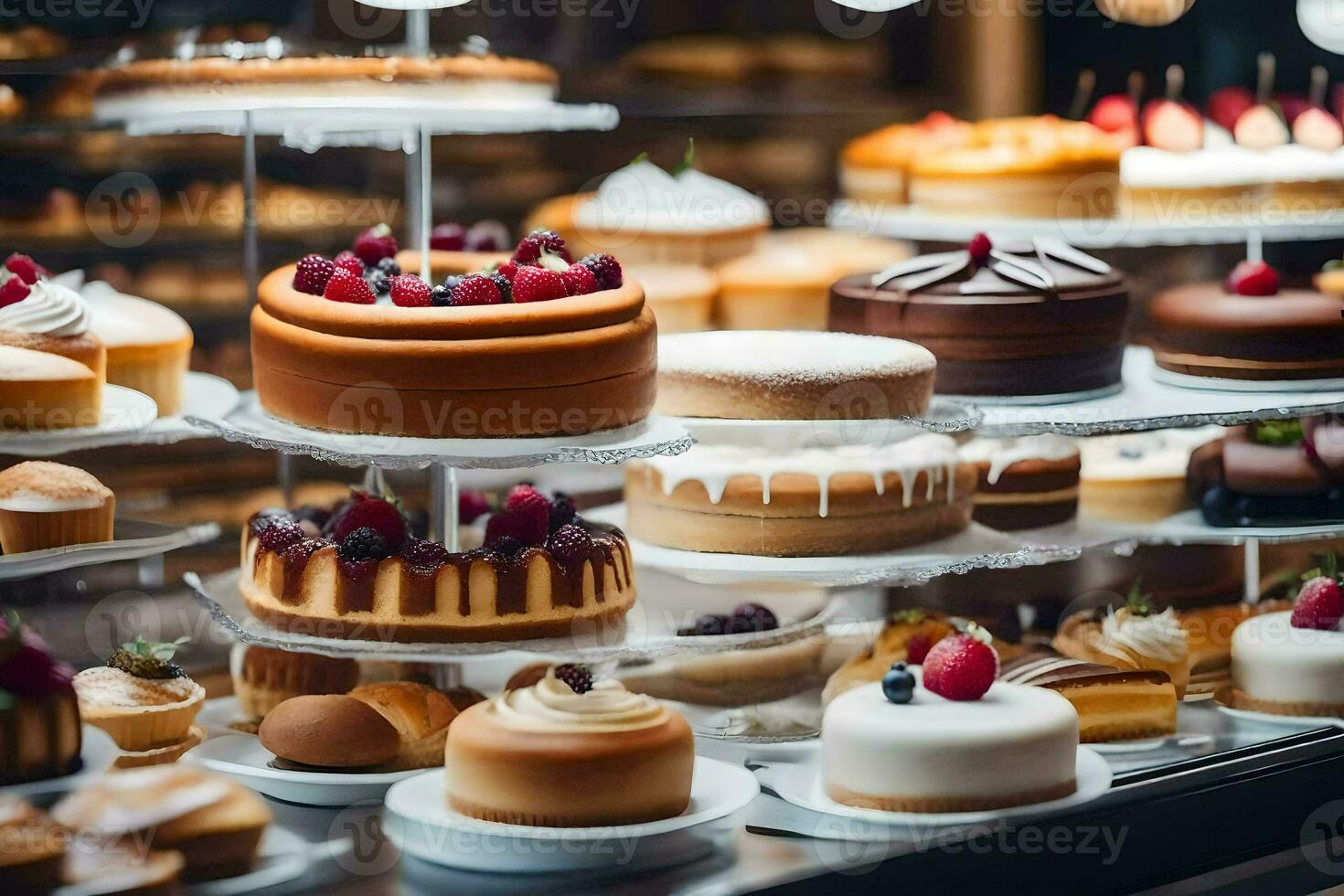 molti diverso tipi di torte siamo su Schermo nel un' forno. ai-generato foto