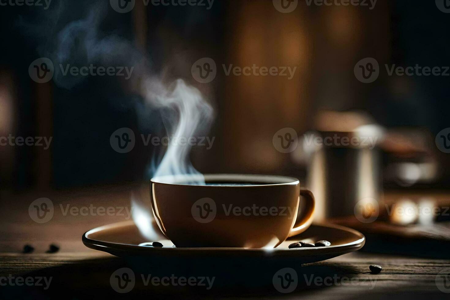 un' tazza di caffè su un' di legno tavolo. ai-generato foto