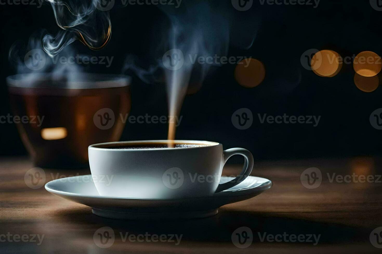 un' tazza di caffè su un' tavolo con un' Fumo In arrivo su di esso. ai-generato foto