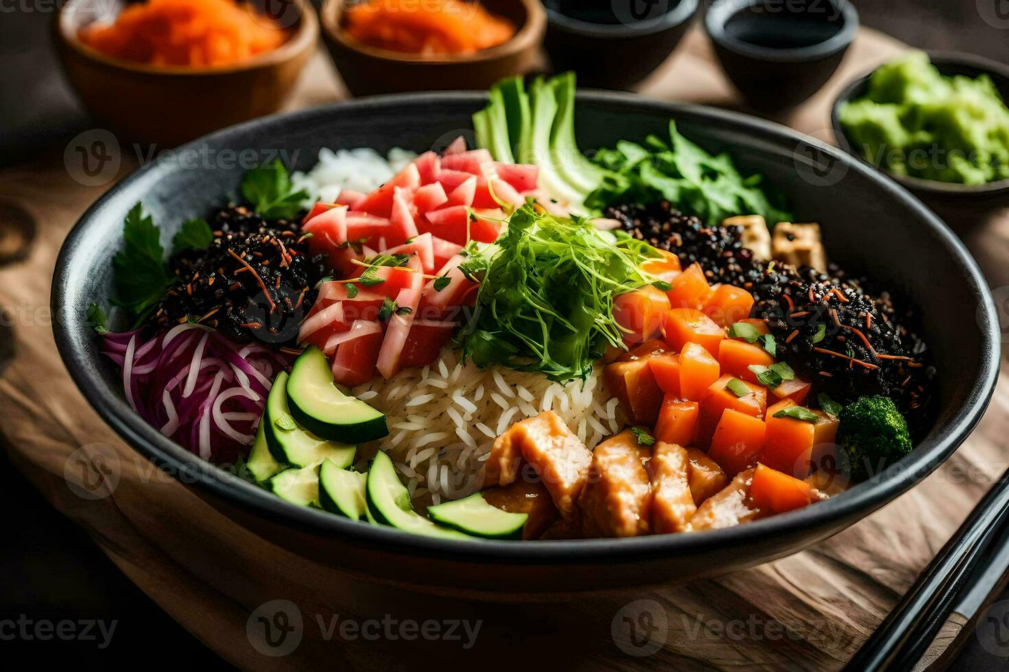 un' ciotola di asiatico cibo con Riso, verdure e carne. ai-generato foto