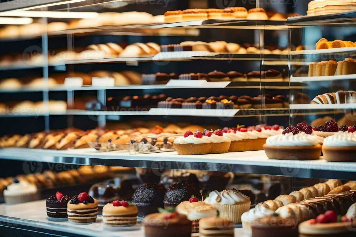 molti diverso tipi di pasticcini siamo su Schermo nel un' forno. ai-generato foto