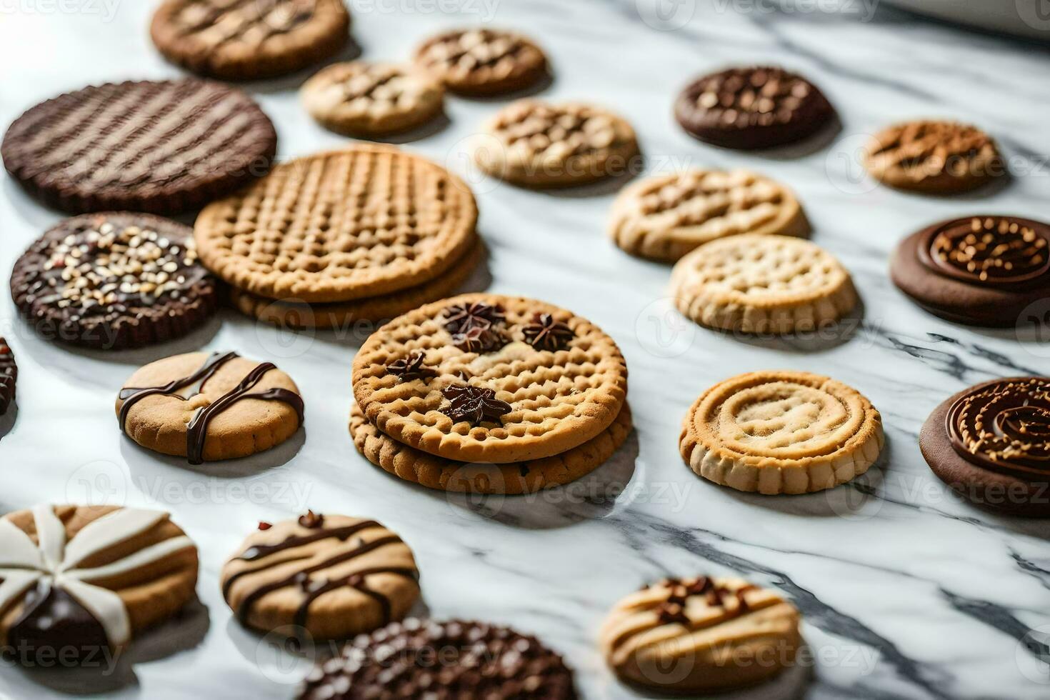 un' varietà di biscotti e biscotti su un' marmo contatore. ai-generato foto