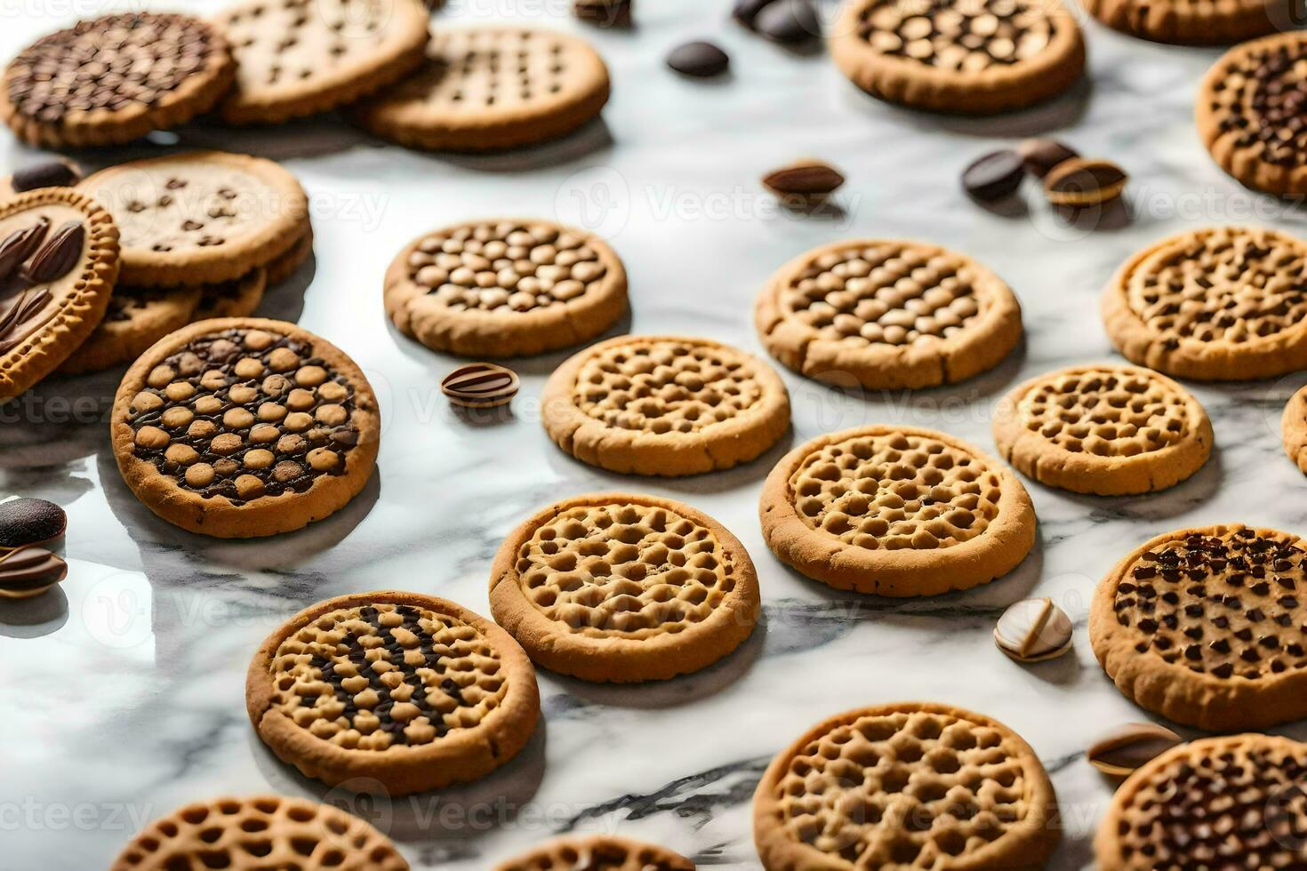 un' varietà di biscotti siamo disposte su un' marmo superficie. ai-generato foto