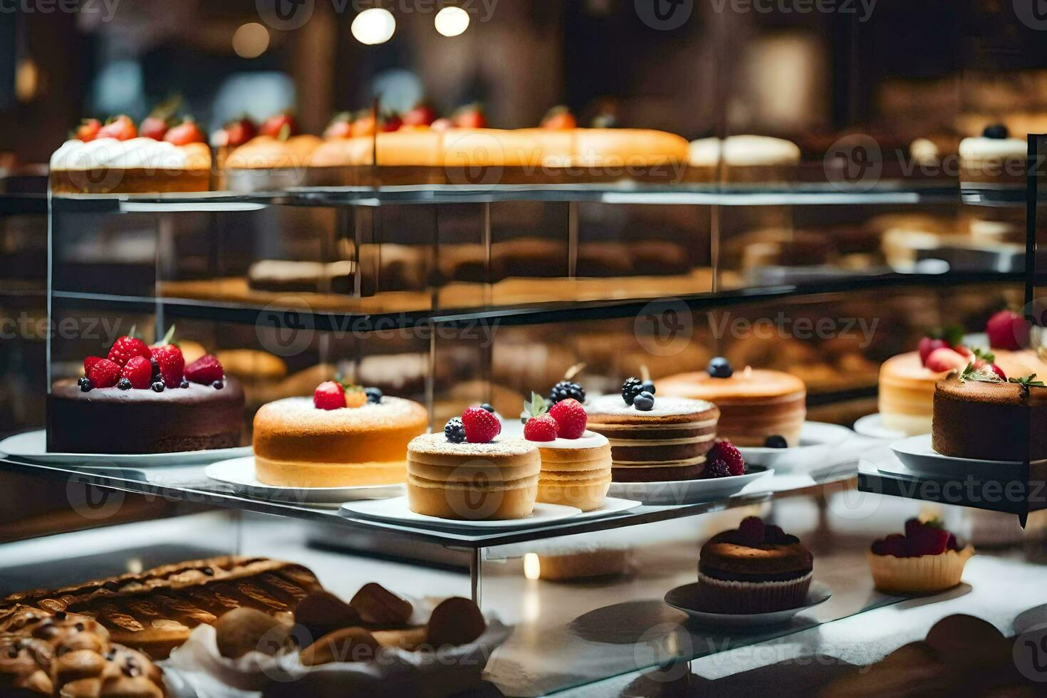 un' Schermo di torte e pasticcini nel un' forno. ai-generato foto