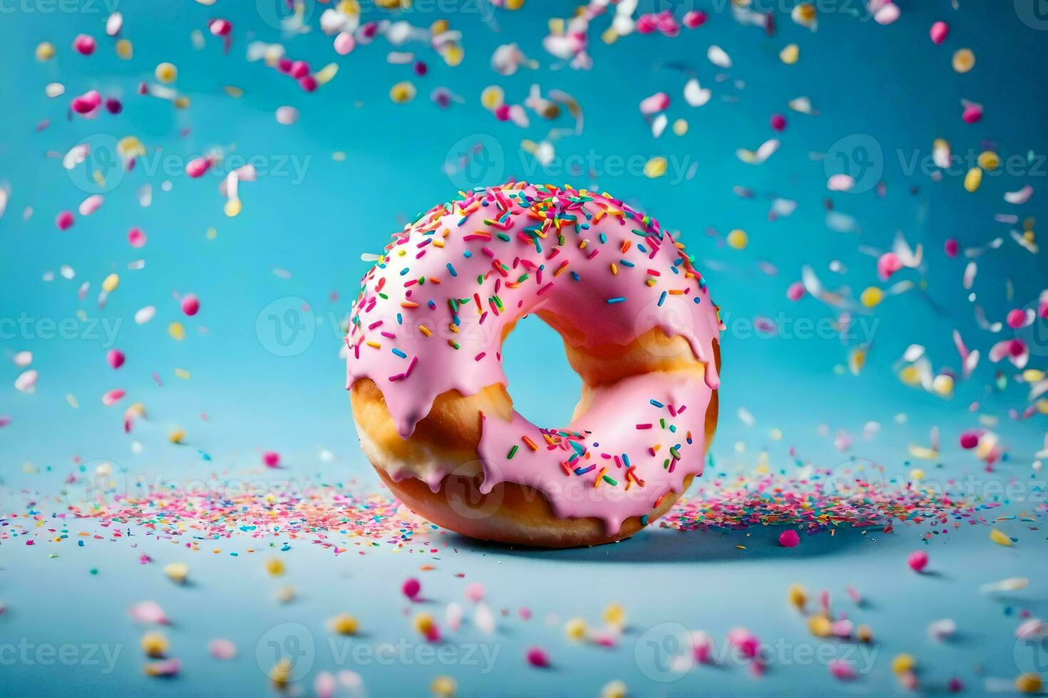 un' rosa ciambella con spruzzatori su un' blu sfondo. ai-generato foto