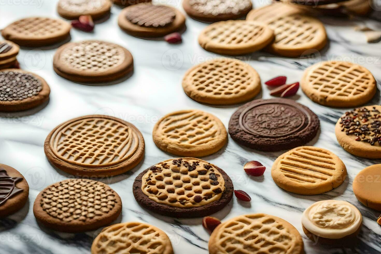 vario biscotti e biscotti siamo disposte su un' marmo superficie. ai-generato foto