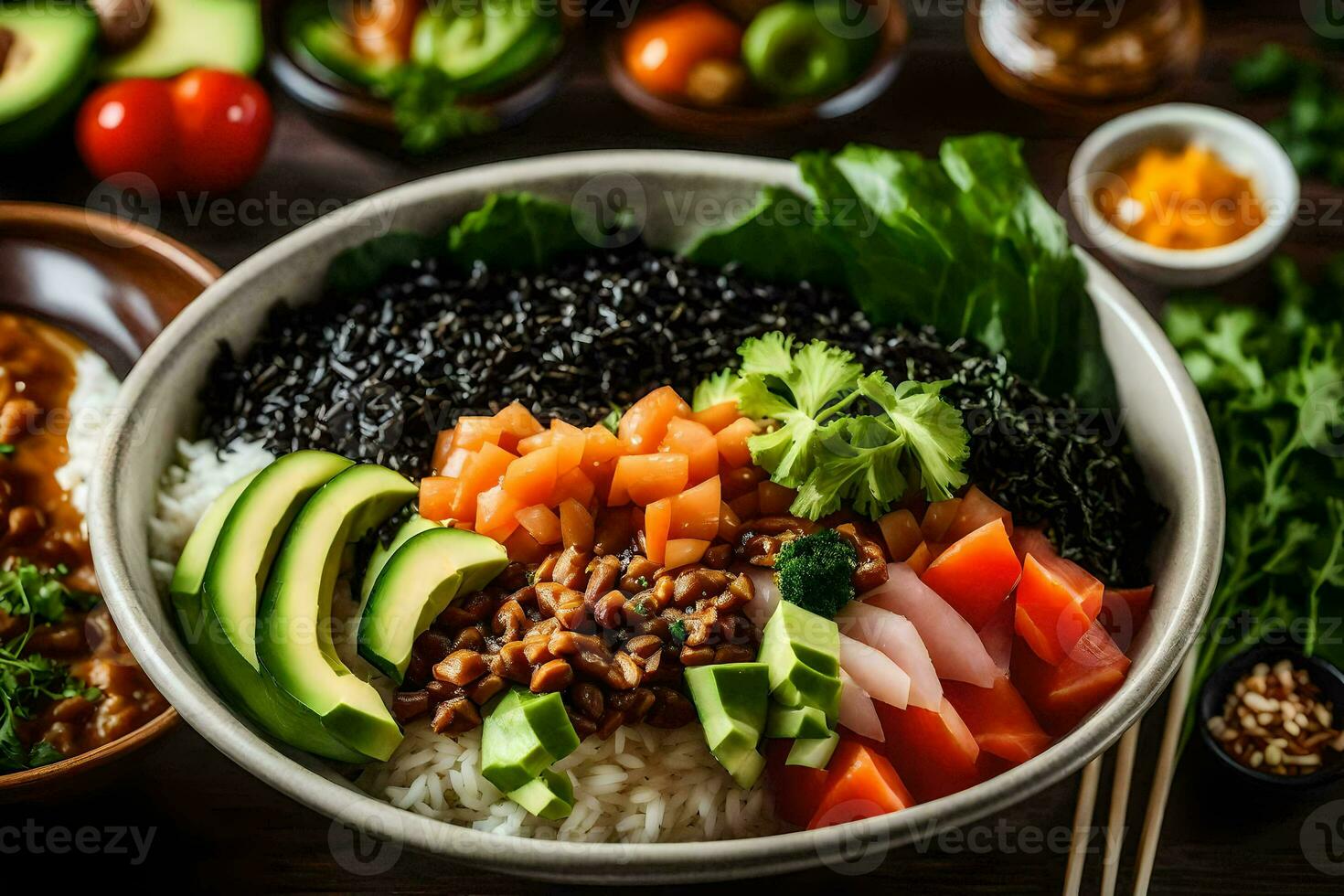 un' ciotola di Riso, verdure e altro ingredienti. ai-generato foto