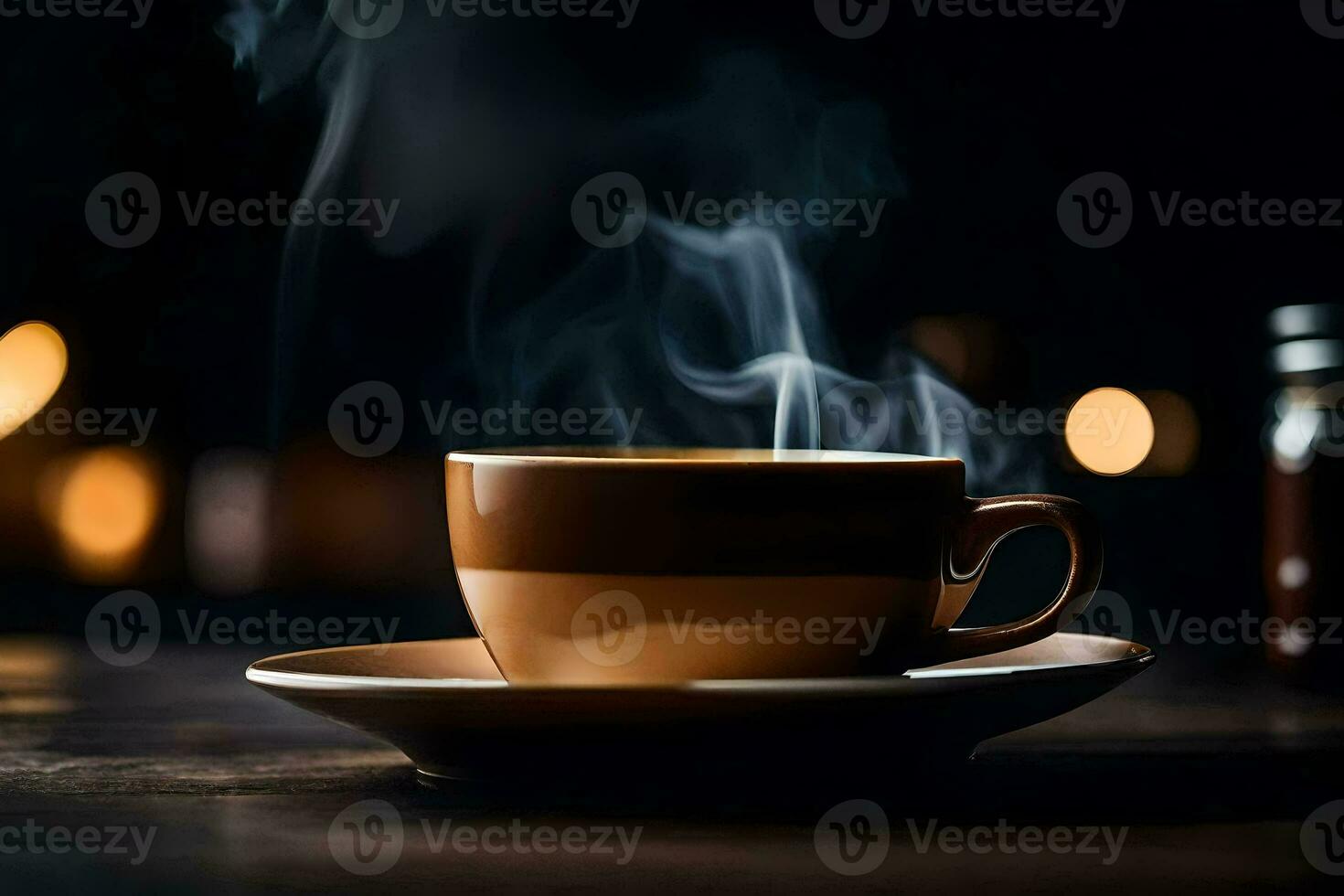 un' tazza di caffè su un' tavolo con Fumo In arrivo su di esso. ai-generato foto