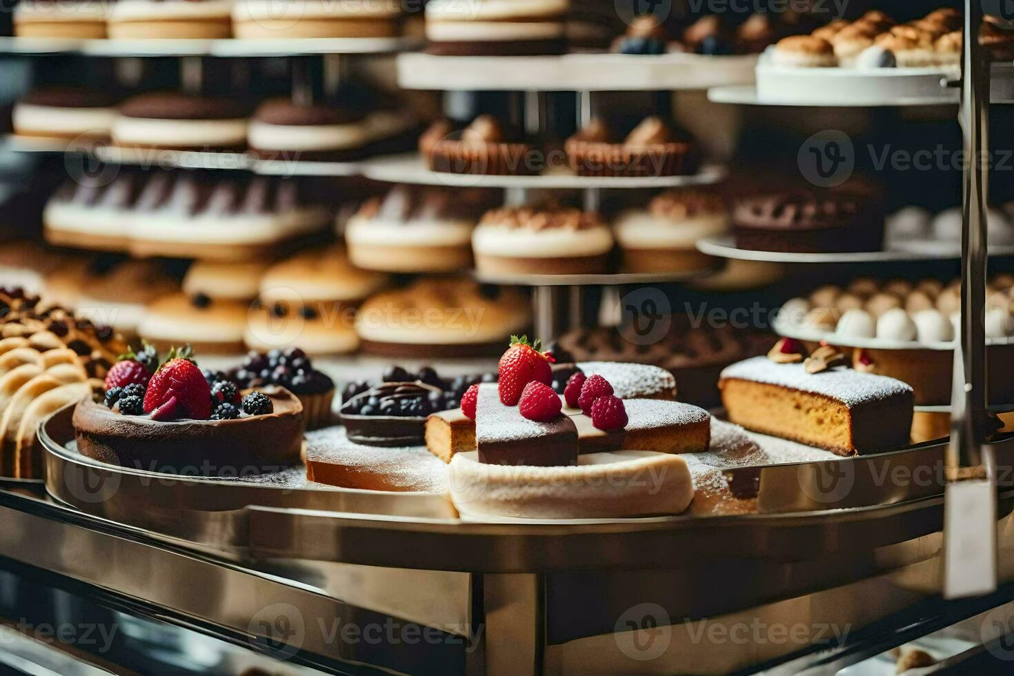 molti diverso tipi di torte siamo su Schermo nel un' forno. ai-generato foto