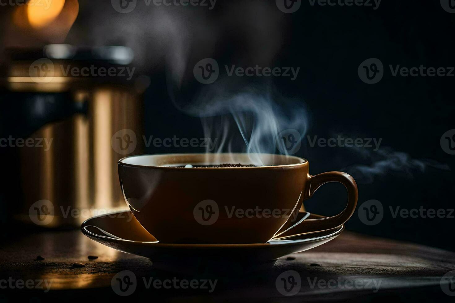 un' tazza di caffè su un' di legno tavolo. ai-generato foto