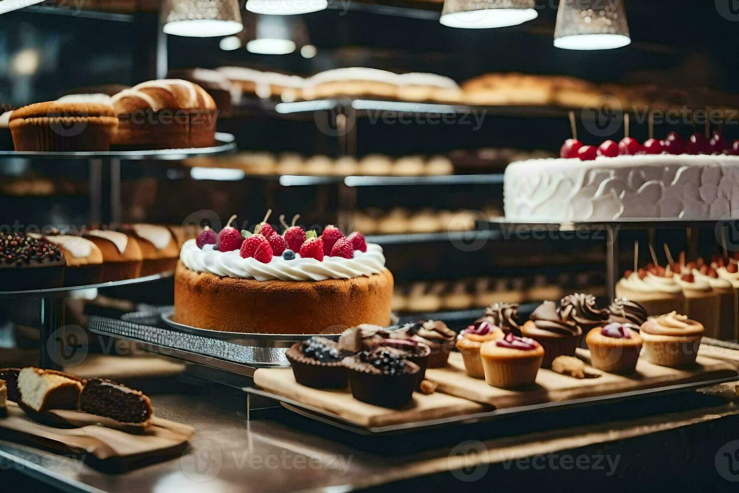 un' forno Schermo con torte e pasticcini. ai-generato foto