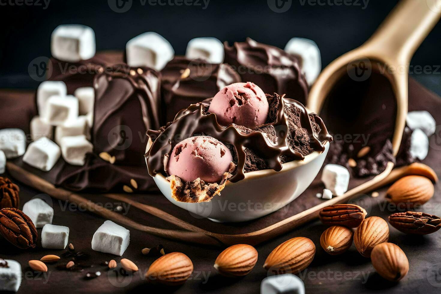 cioccolato ghiaccio crema con marshmallows e mandorle. ai-generato foto