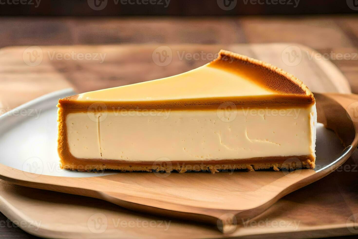 un' fetta di torta di formaggio su un' di legno piatto. ai-generato foto