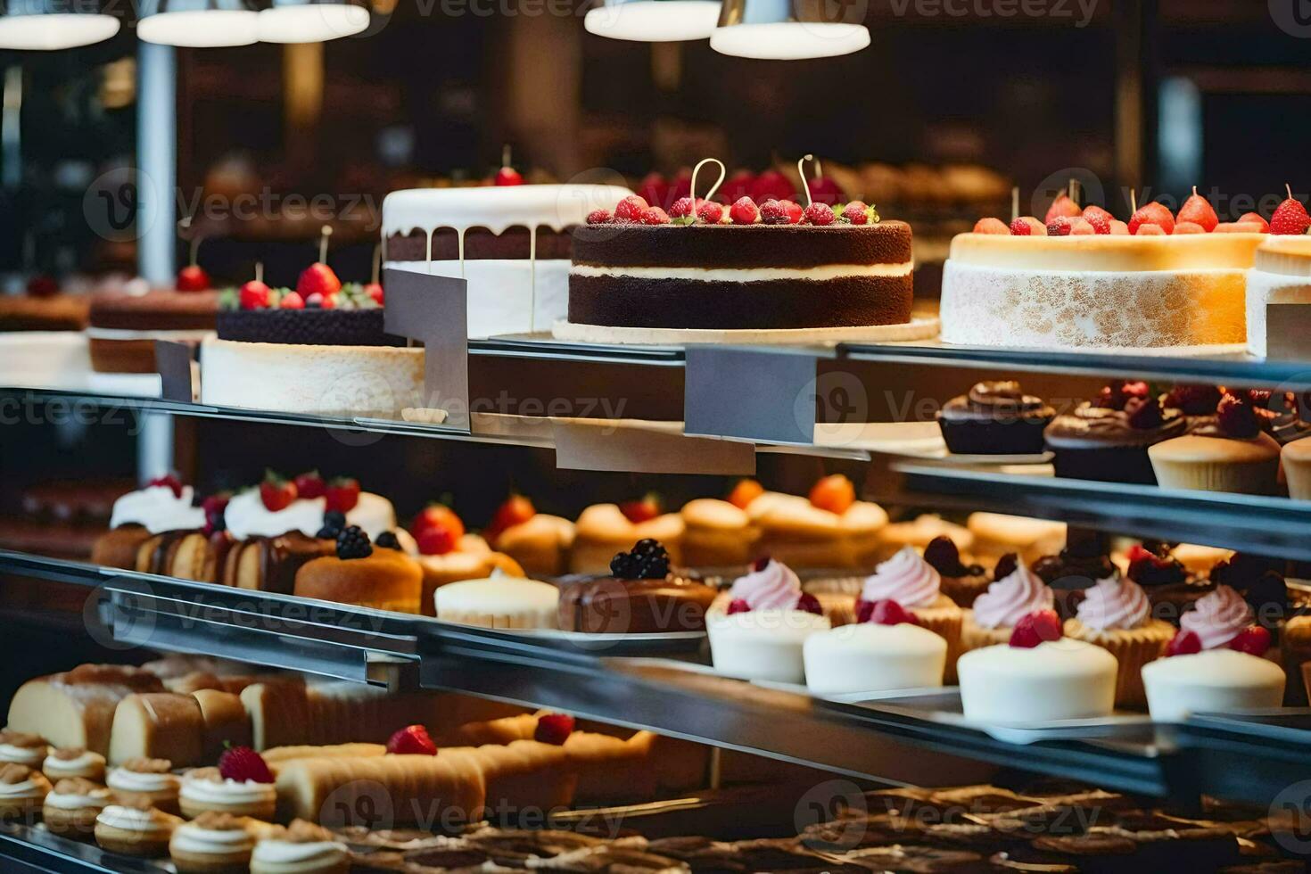 molti diverso tipi di torte siamo su Schermo nel un' forno. ai-generato foto