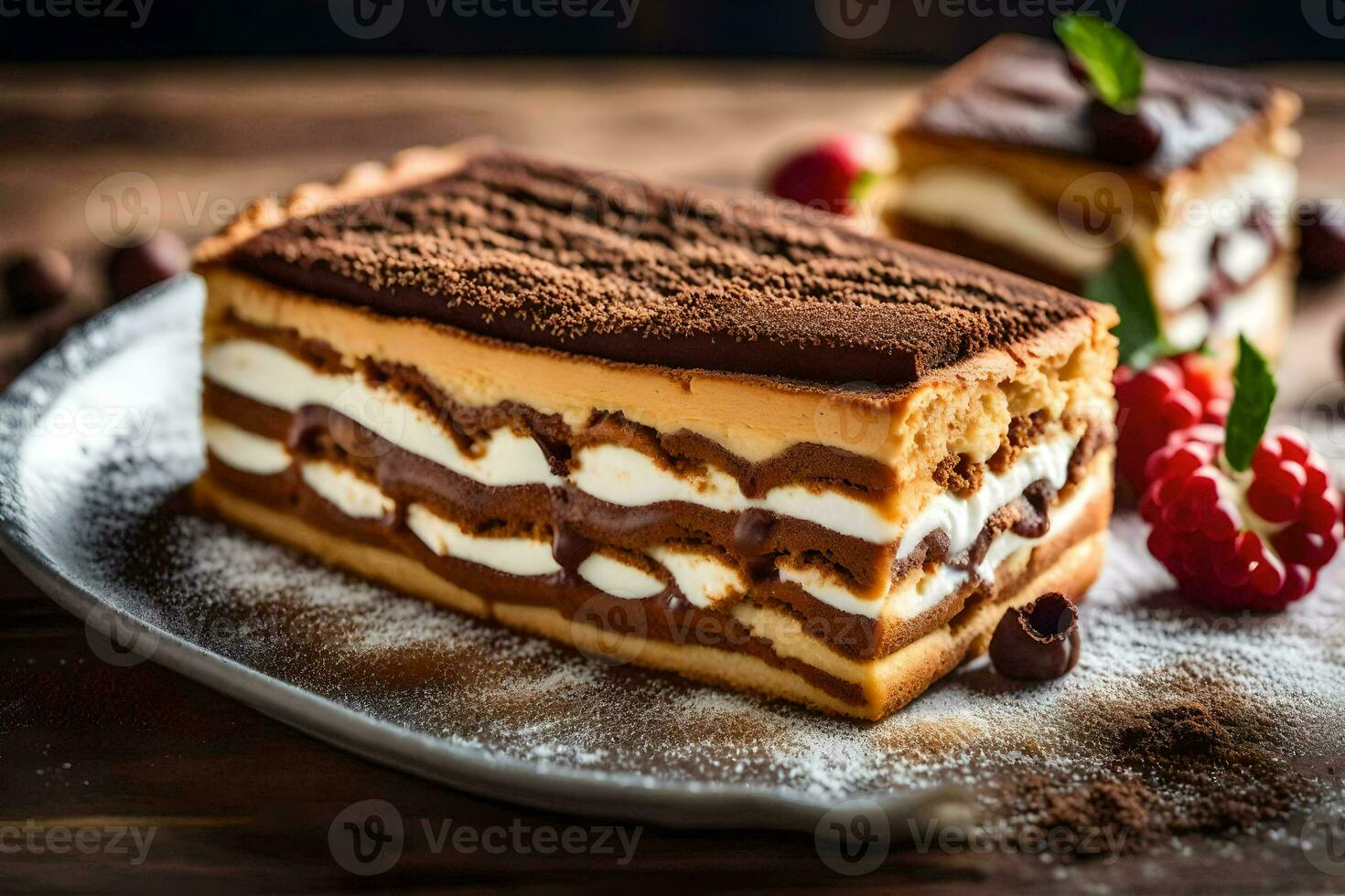 Due fette di torta su un' piatto con cioccolato e lamponi. ai-generato foto