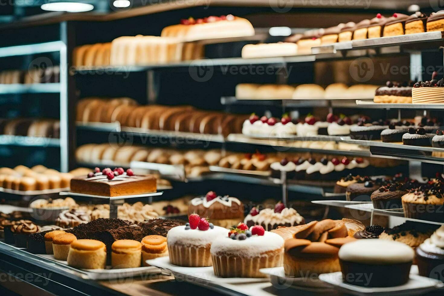 molti diverso tipi di torte siamo su Schermo nel un' forno. ai-generato foto