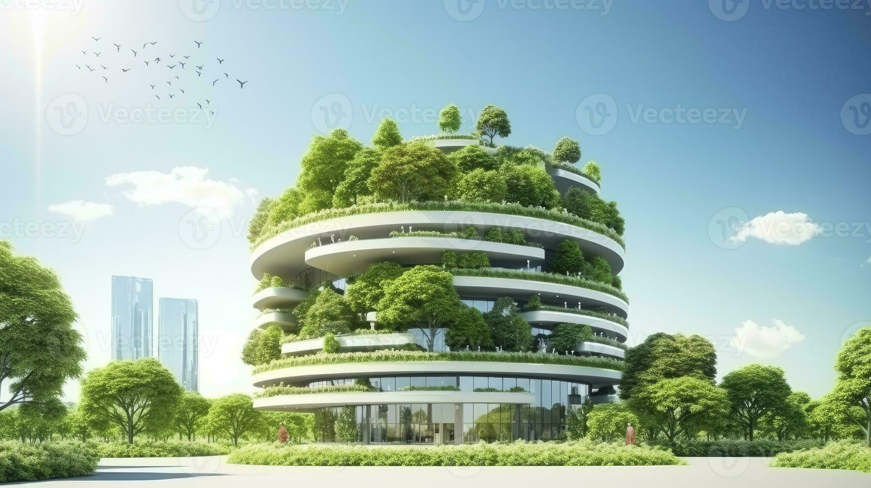 eco-friendly edificio con verde spazi sotto un' blu cielo. ai generato foto