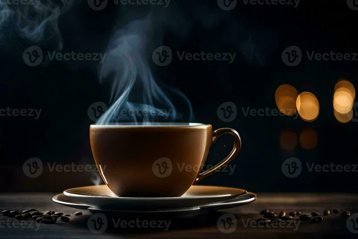 un' tazza di caffè su un' di legno tavolo con un' Fumo In arrivo su di esso. ai-generato foto