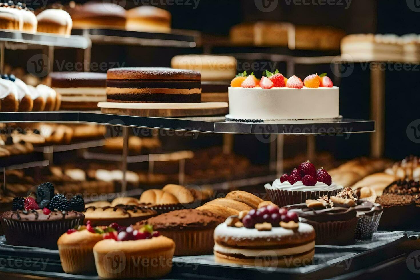 un' Schermo di torte e pasticcini nel un' forno. ai-generato foto