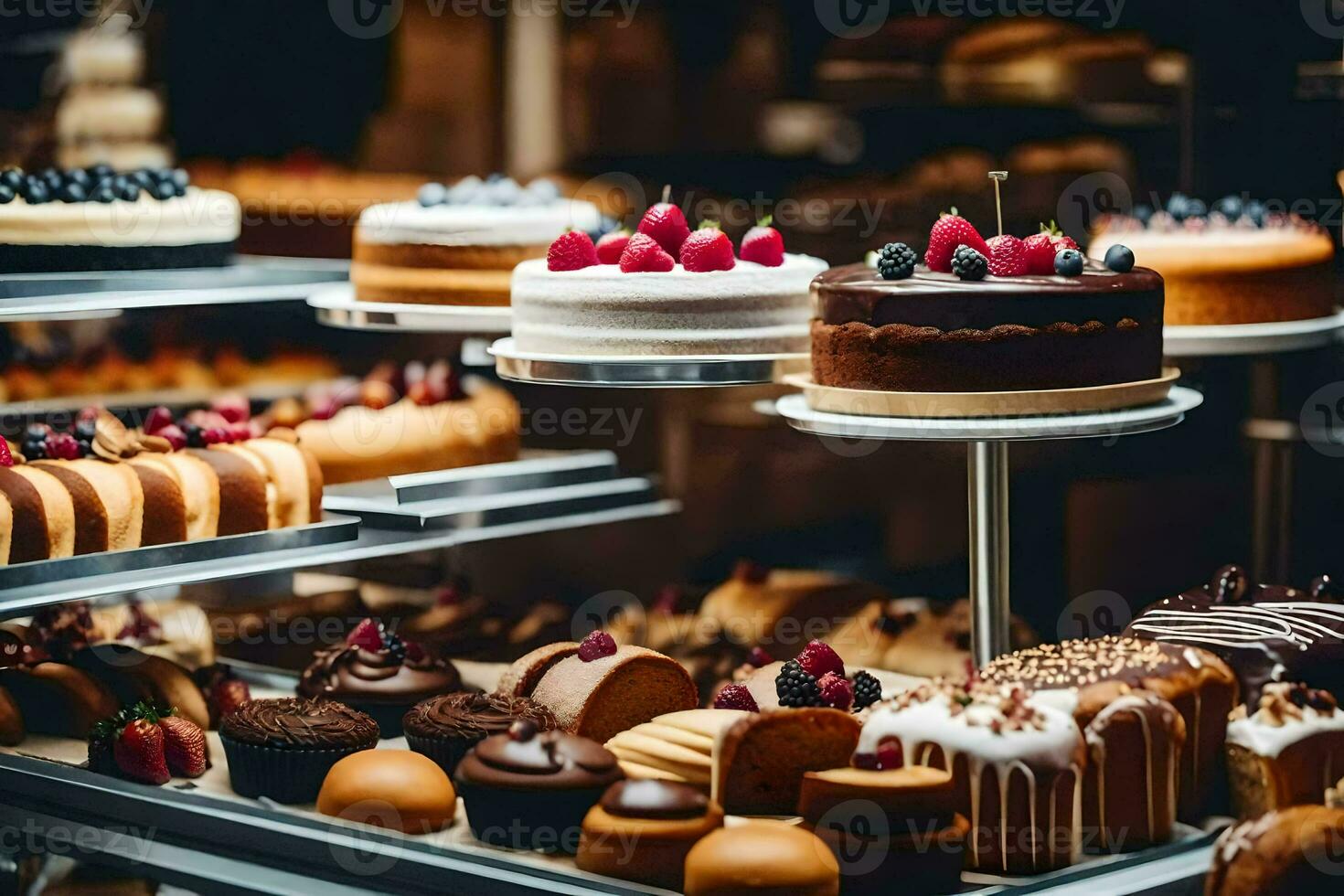 molti diverso tipi di torte siamo su Schermo nel un' forno. ai-generato foto