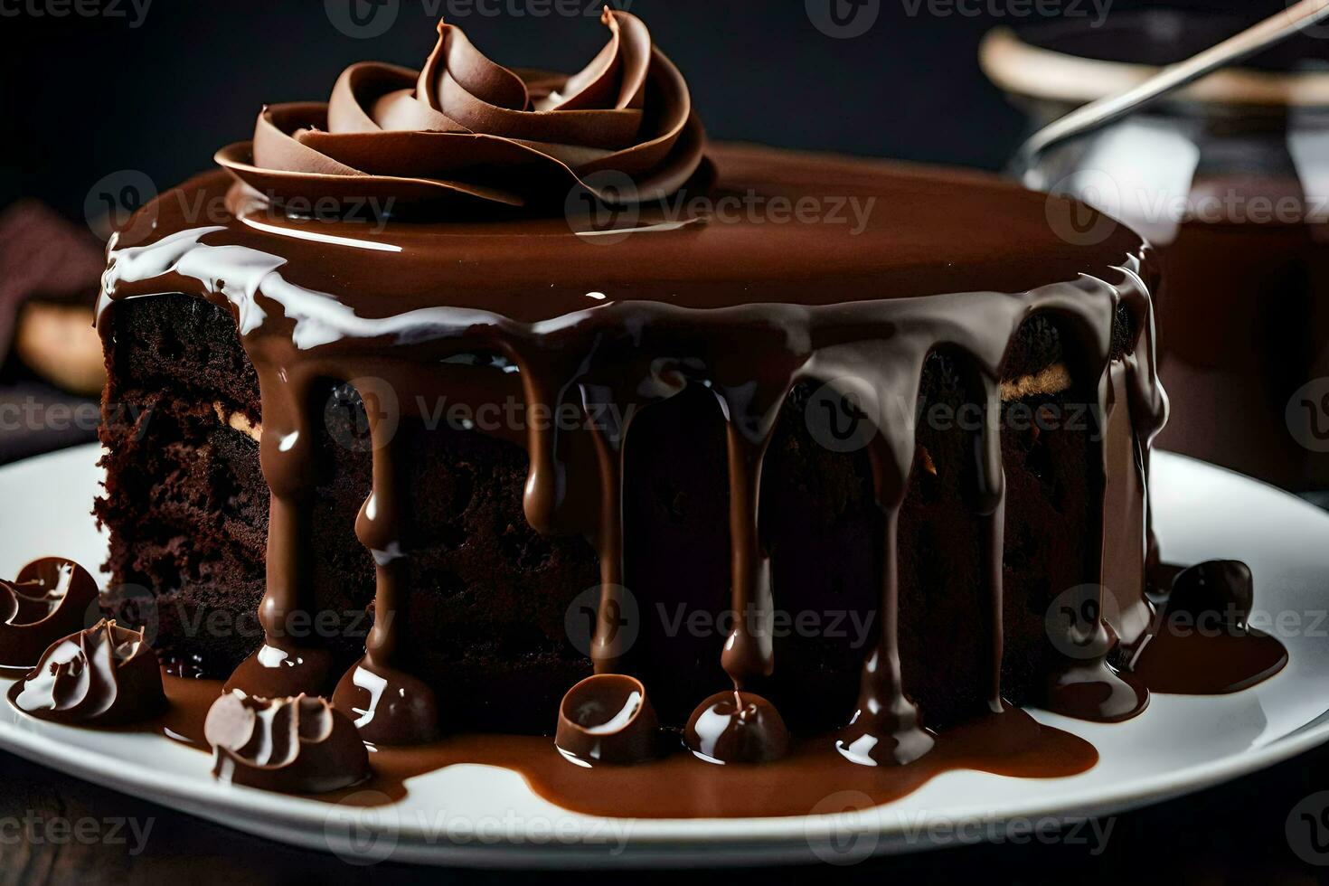 un' cioccolato torta con cioccolato glassatura e un' cucchiaio. ai-generato foto