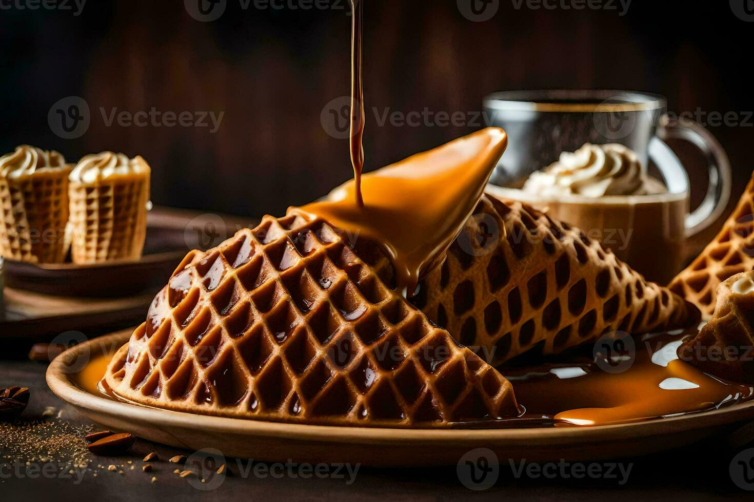 cialde con caramello sciroppo e caffè su un' di legno tavolo. ai-generato foto