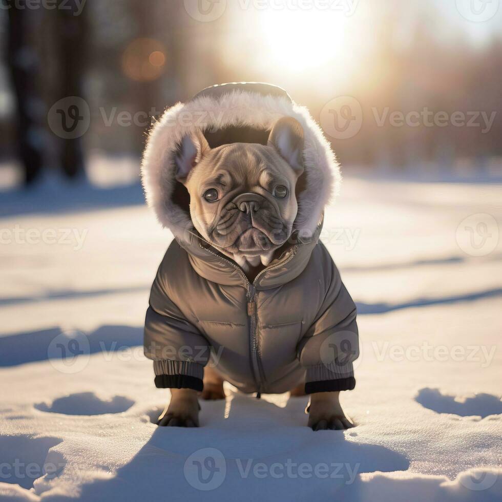 ai generato piccolo francese bulldog nel inverno Abiti corre attraverso il neve. ai generato foto