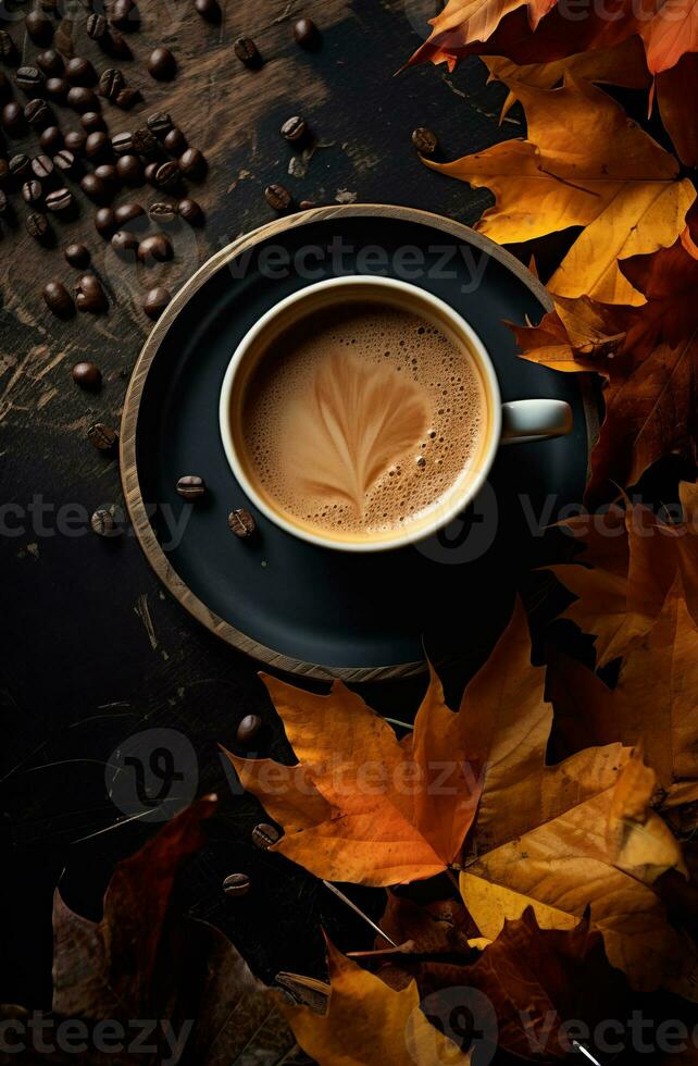 ai generato autunno caffè con autunno le foglie su un' di legno sfondo. foto