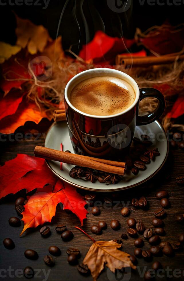 ai generato autunno caffè con autunno le foglie su un' di legno sfondo. foto